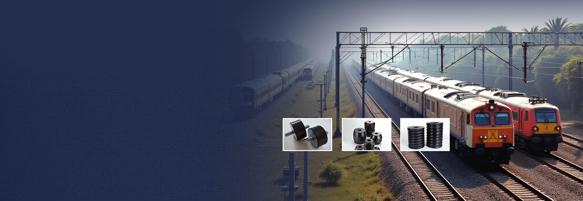 Rubber components for Indian Railways: bump stops, springs, hoses, and mounts.